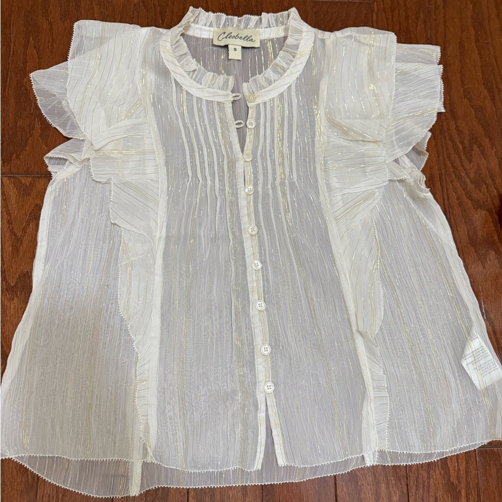 Cleobella White Sheer‎ ruffle sleeve Button-Up coquette blouse size S